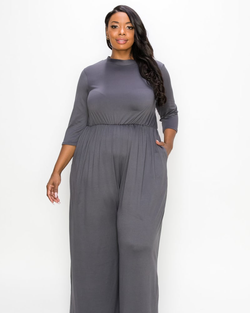 Front of a model wearing a plus size Sienna Jumpsuit in Charcoal by L I V D. | dia_product_style_image_id:240601